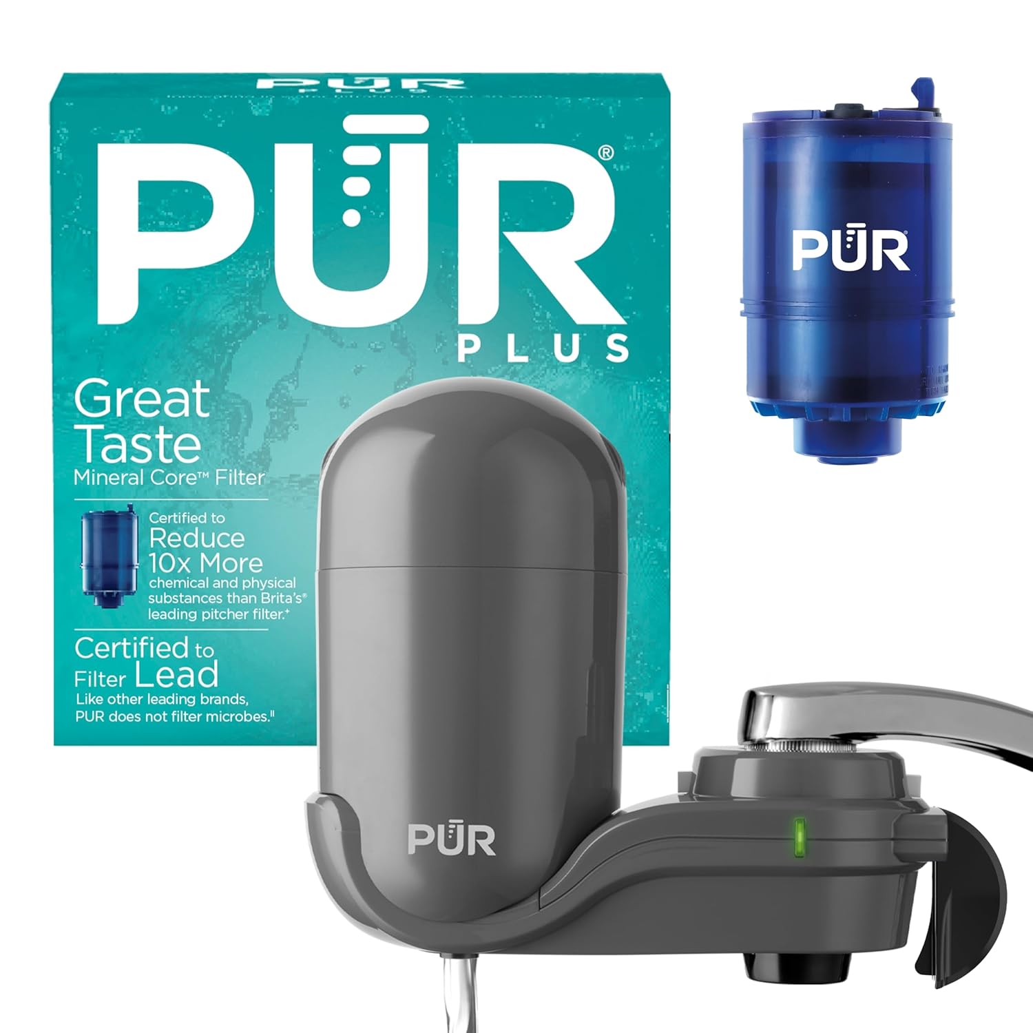 PUR Plus Vertical Faucet Filter mounted on a chrome kitchen faucet with lead-reducing cartridge and grey housing