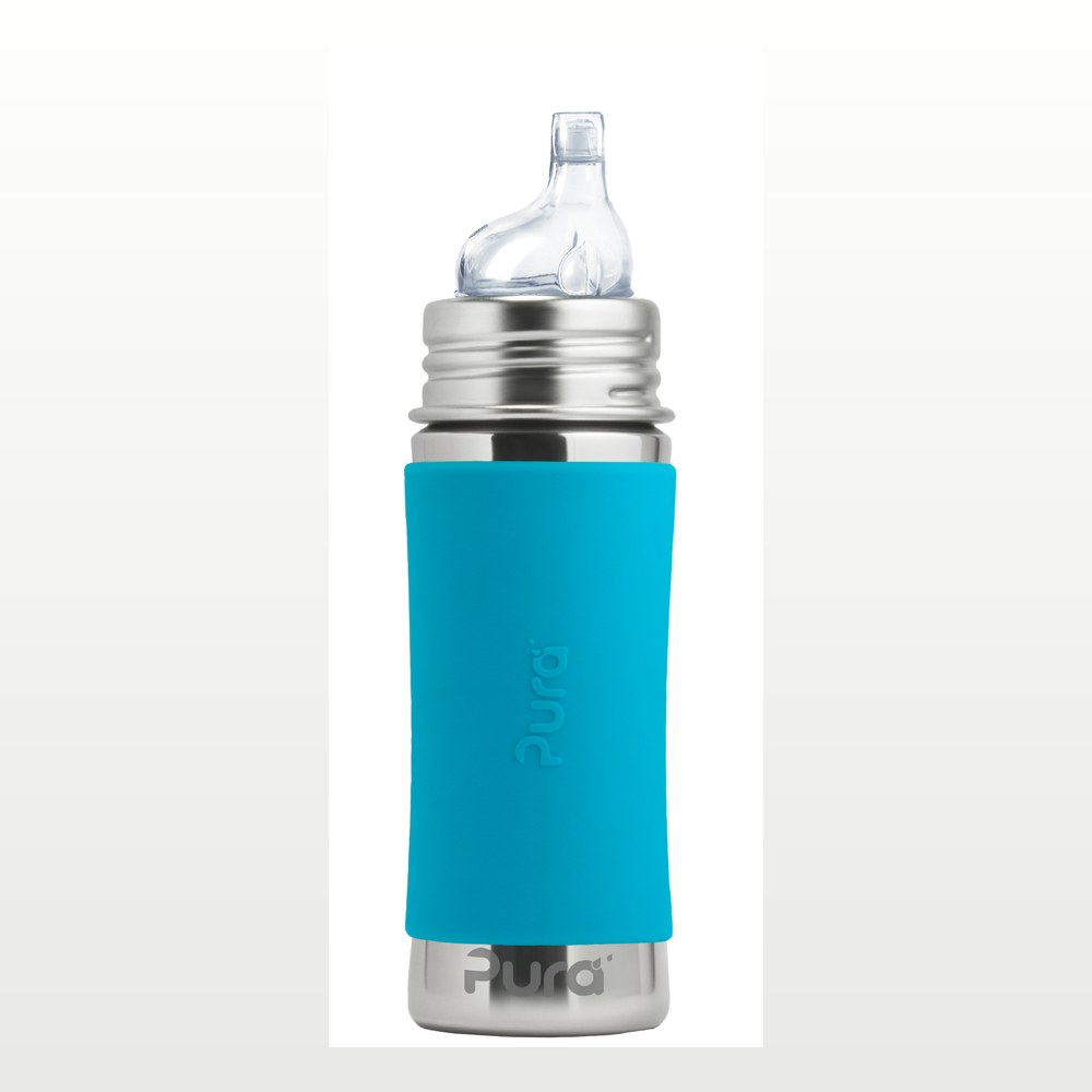 Pura Kiki stainless steel sippy cup with aqua silicone sleeve and silicone spout — zero plastic in the drink path