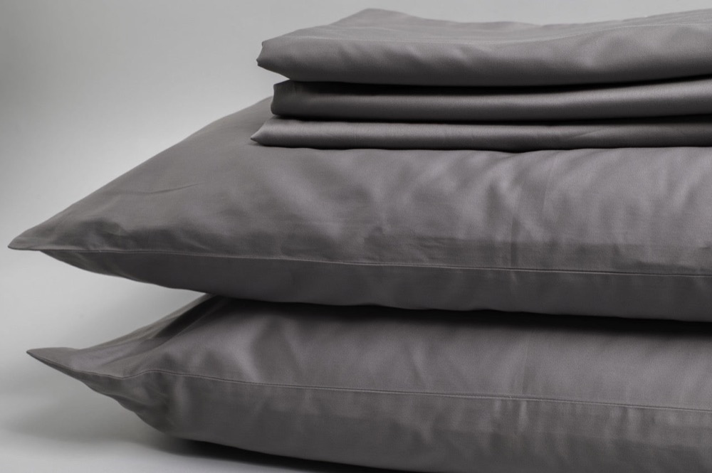 Pure Organic Cotton Sateen Sheet Set — GOTS-certified 300 thread count sateen with a silky finish, shown in charcoal grey