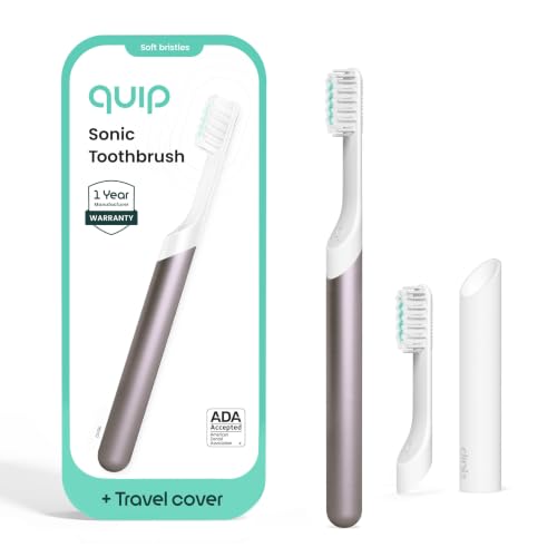 Quip sonic electric toothbrush with a metal handle in dusk gray, shown with a spare brush head and travel cover