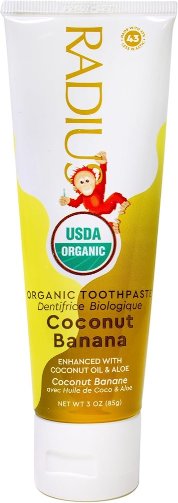 RADIUS USDA Organic kids toothpaste in Coconut Banana — fluoride-free, the only fully certified-organic pick