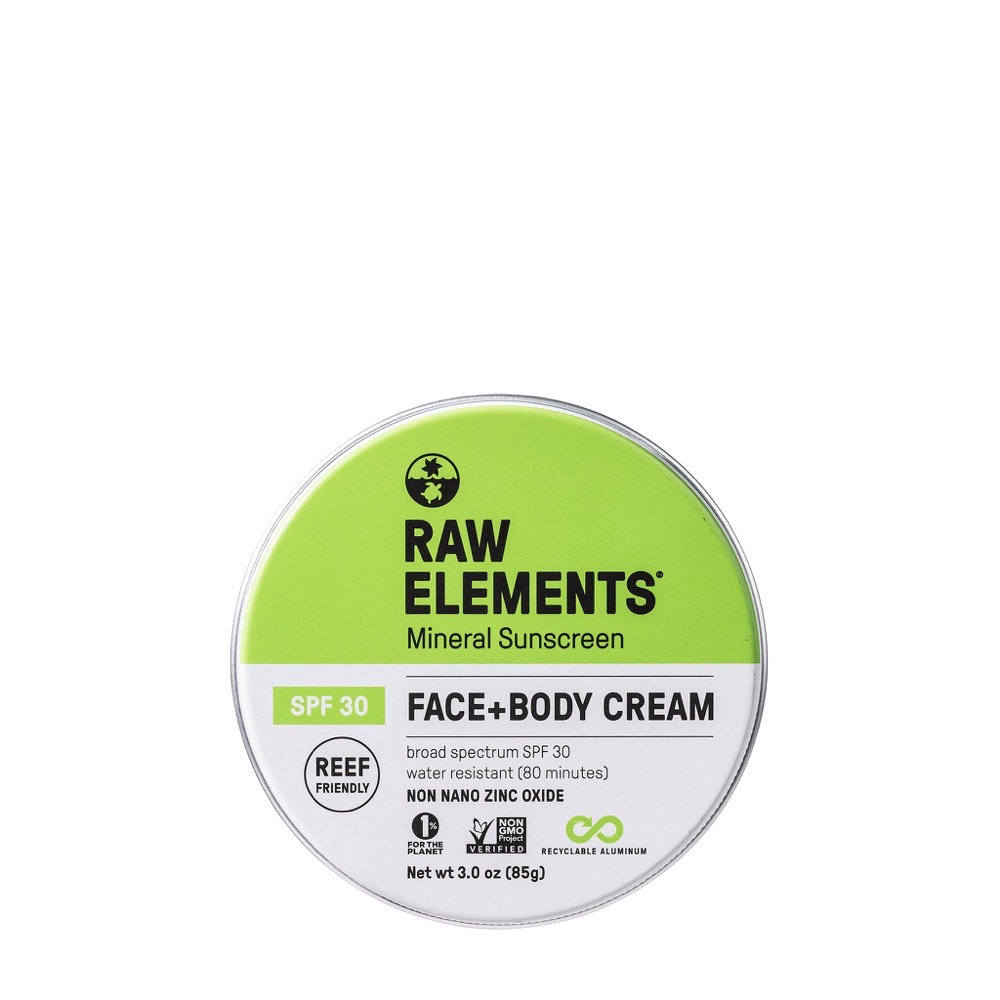 Raw Elements Face + Body SPF 30 mineral sunscreen in a recyclable aluminum tin — non-nano zinc oxide, reef-safe, plastic-free