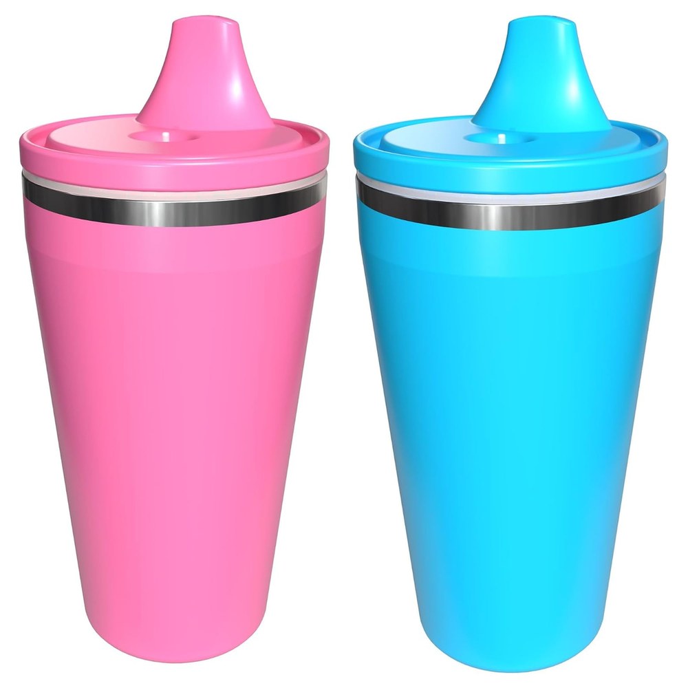 Re-Play stainless steel sippy cups in pink and sky blue with hard silicone spouts and a 100% stainless interior