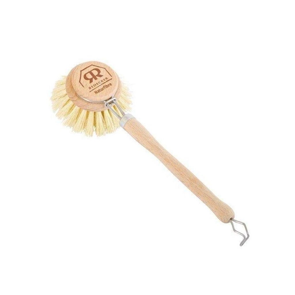Redecker Tampico dish brush — oiled beechwood handle with natural tampico plant-fiber bristles and metal hanging hook, made in Germany