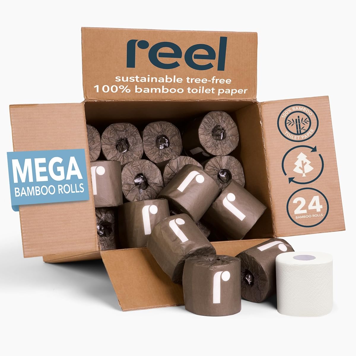 Reel Premium bamboo toilet paper &mdash; an open kraft cardboard box of 24 individually paper-wrapped bamboo rolls with one unwrapped white roll beside it