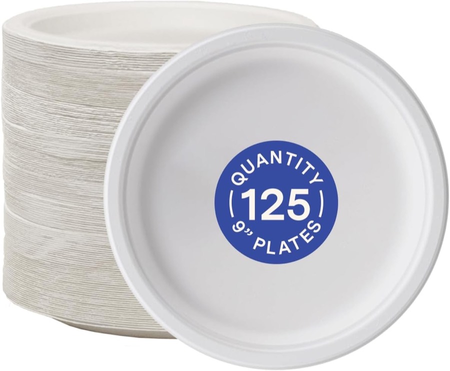 Repurpose 9 inch compostable plates stacked beside a single white plate