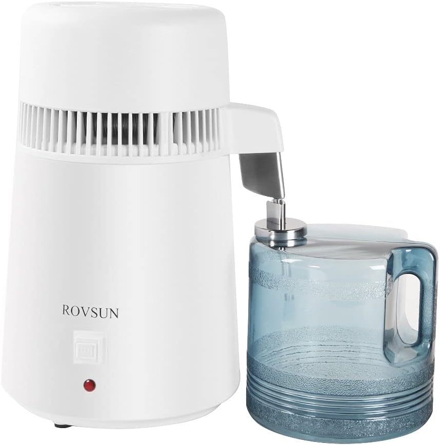 ROVSUN 4L countertop water distiller with flame-retardant housing, BPA-free polymer collection jug, and stainless-steel interior
