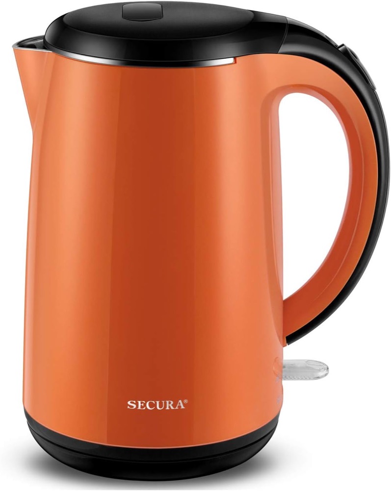 Secura Stainless Steel Double-Wall Electric Kettle in orange — 304 stainless steel interior with a cool-touch exterior