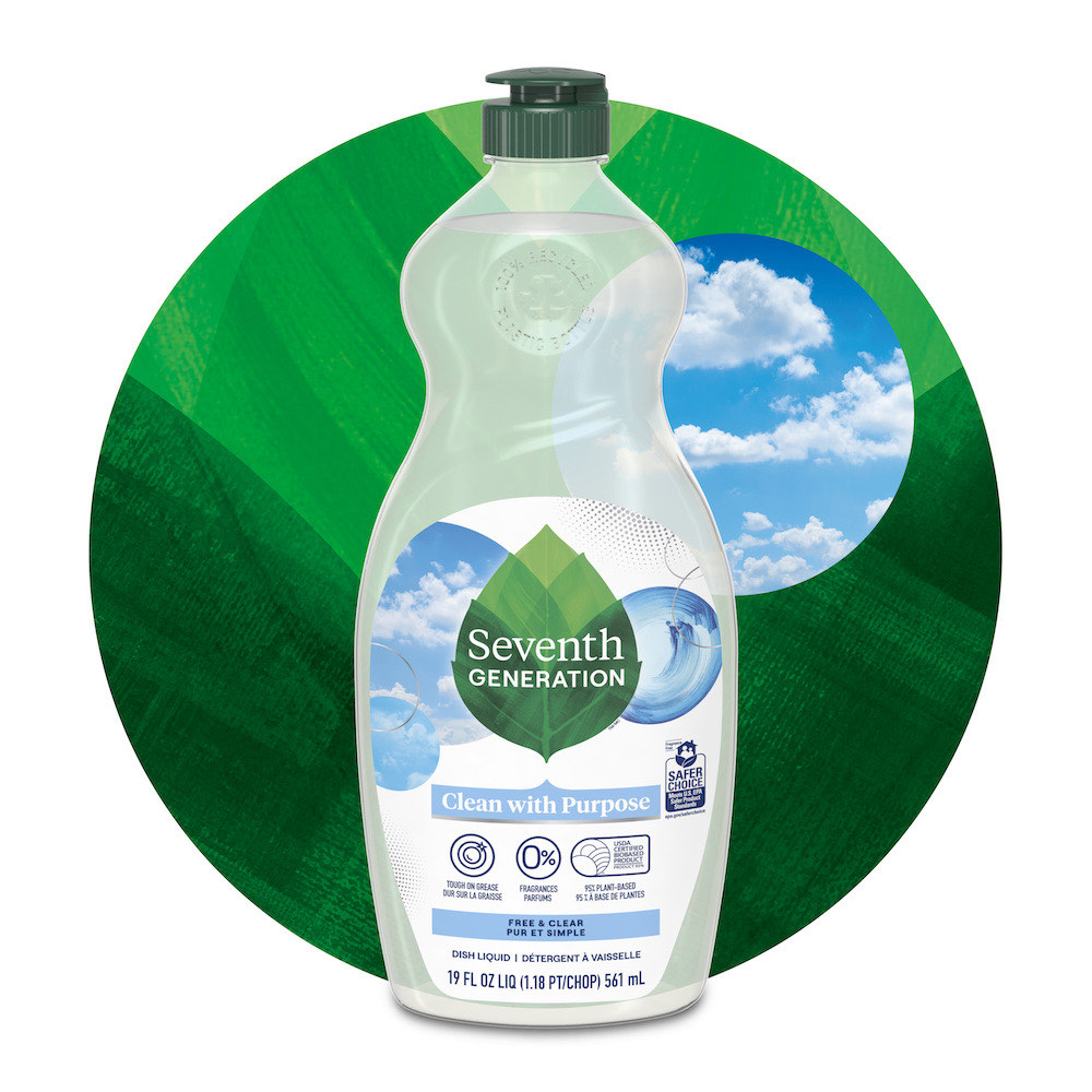 Seventh Generation Dish Liquid Free & Clear bottle — EPA Safer Choice certified, fragrance-free, triclosan-free