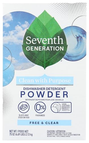 Seventh Generation Free and Clear dishwasher detergent powder in a 75 ounce cardboard carton