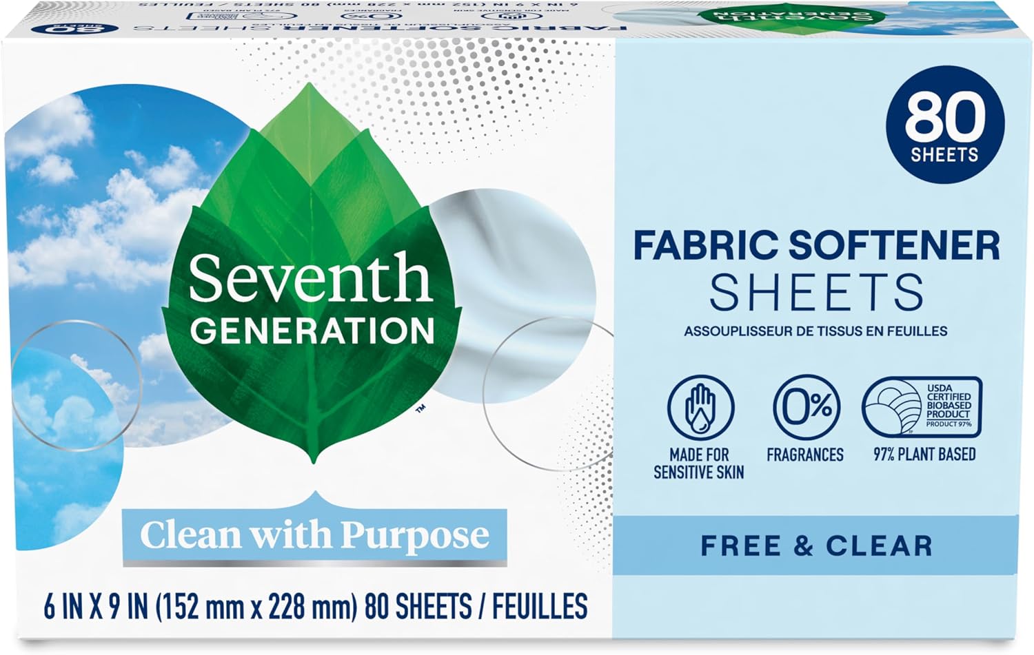 Seventh Generation Free and Clear fabric softener dryer sheets carton in white and green beside a stack of the sheets