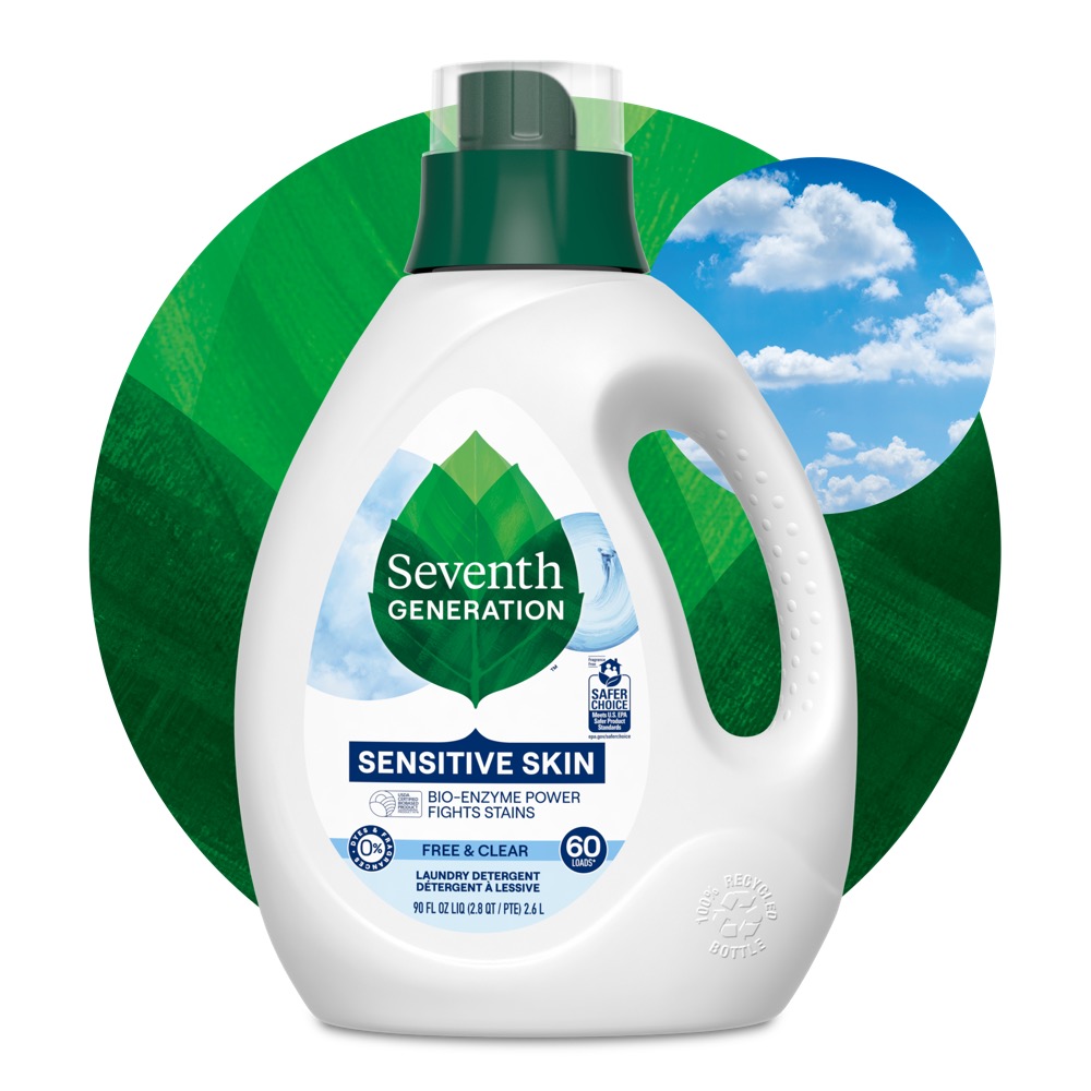 Seventh Generation Free & Clear liquid laundry detergent bottle — EPA Safer Choice, EWG Grade A, no optical brighteners