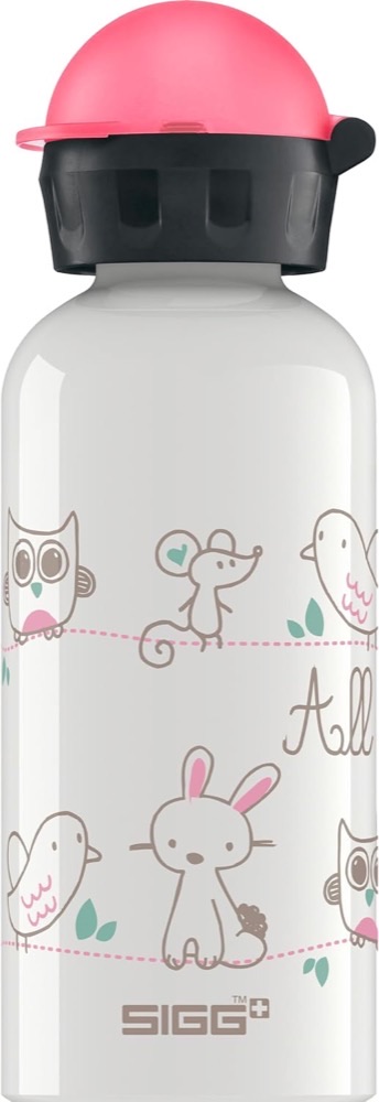 SIGG KBT kids aluminum water bottle in white with pink flip cap and animal print, Swiss-made