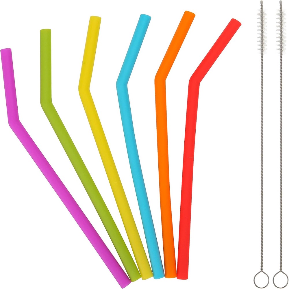 Six brightly colored bent food-grade silicone straws for kids with two cleaning brushes