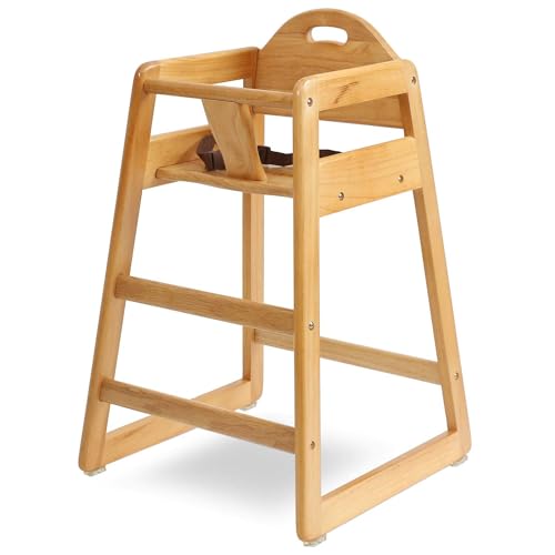 Restaurant-style solid wood high chair for baby and toddler beside a dining table