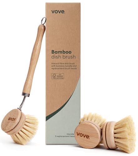 Vove bamboo dish brush with three replacement heads — natural fiber bristles and a plastic-free handle