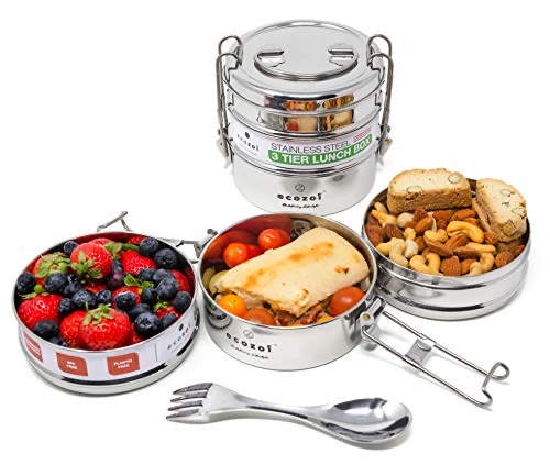 Stainless steel 3-tier stackable tiffin lunch box, fully plastic-free