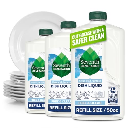 Seventh Generation Free & Clear dish liquid bottles beside a stack of colorful clean dishes — EPA Safer Choice, fragrance-free
