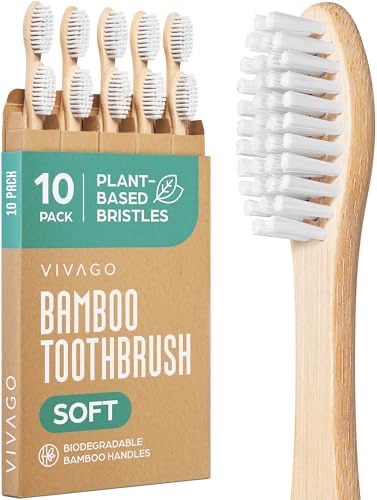 Bamboo toothbrushes with BPA-free soft plant-based bristles, sold as a 10-pack