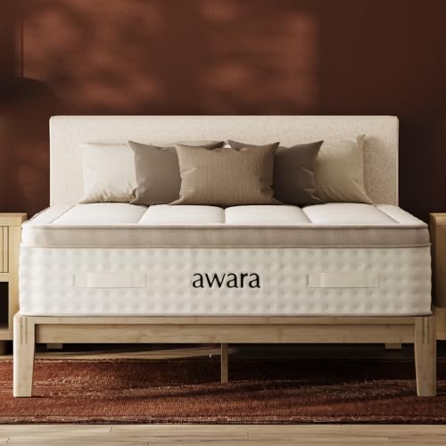 Awara Premier Luxury Hybrid Mattress — certified organic natural latex over coils with New Zealand wool, shown on a wood platform bed