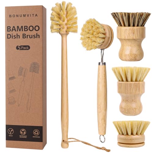 BONUMVITA bamboo dish brush set — five natural scrub brushes plus a bottle brush
