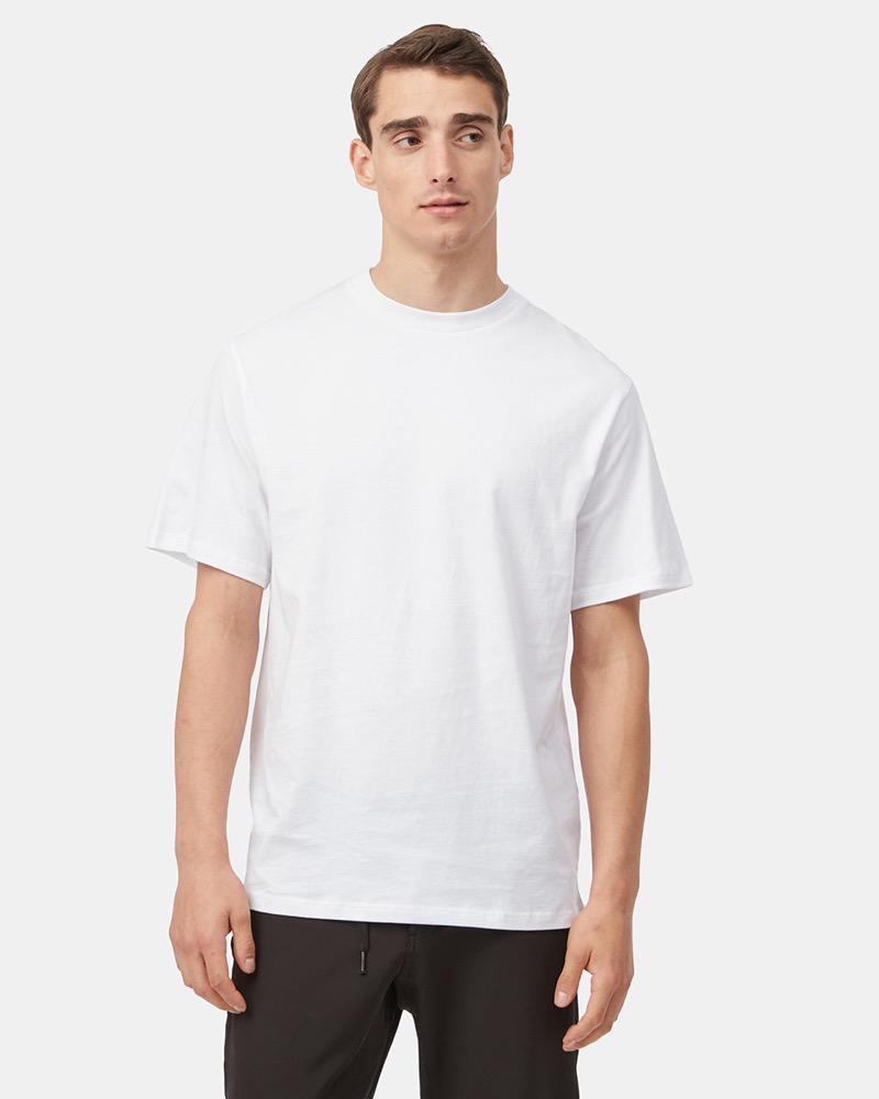 Tentree organic cotton relaxed t-shirt in white — 100% organic cotton, a plastic-free alternative to synthetic fleece and activewear