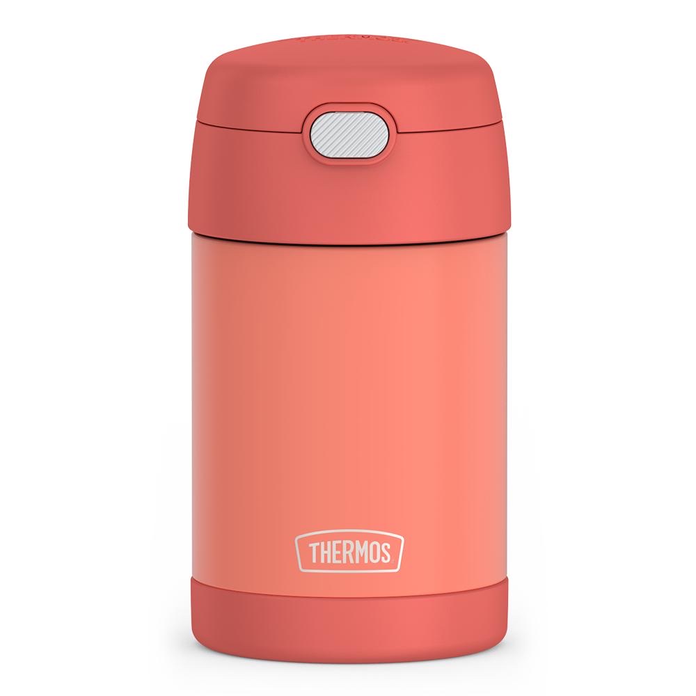 Thermos Funtainer vacuum-insulated stainless steel food jar in coral with a pop-up lid