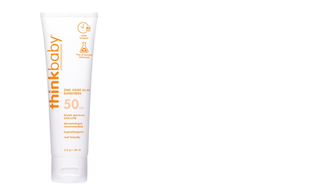 Thinkbaby Safe Sunscreen SPF 50+ — non-nano zinc oxide, free of PABA, parabens and phthalates, EWG top-rated for kids