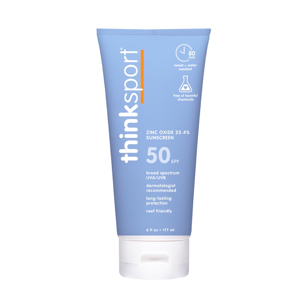 Thinksport SPF 50+ mineral sunscreen tube — 20% zinc oxide, reef-friendly, free of oxybenzone and avobenzone