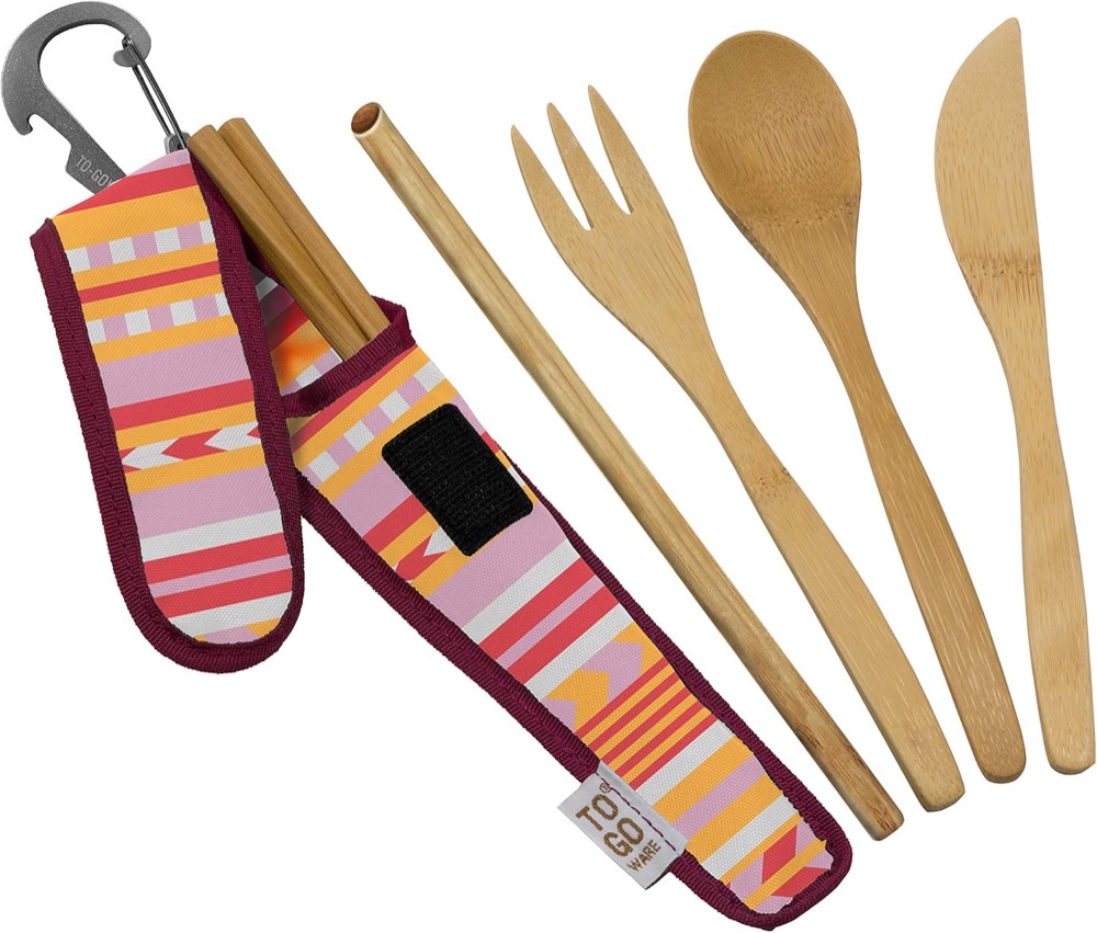 To-Go Ware bamboo utensil travel set — bamboo fork, spoon, knife, chopsticks, and straw with a fabric carry pouch and carabiner