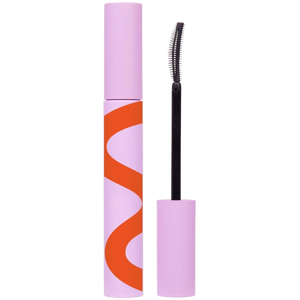 Tower 28 MakeWaves Mascara in Jet — lilac tube with orange wave graphic beside its curved, dual-sided brush, made for sensitive eyes and contact lens wearers