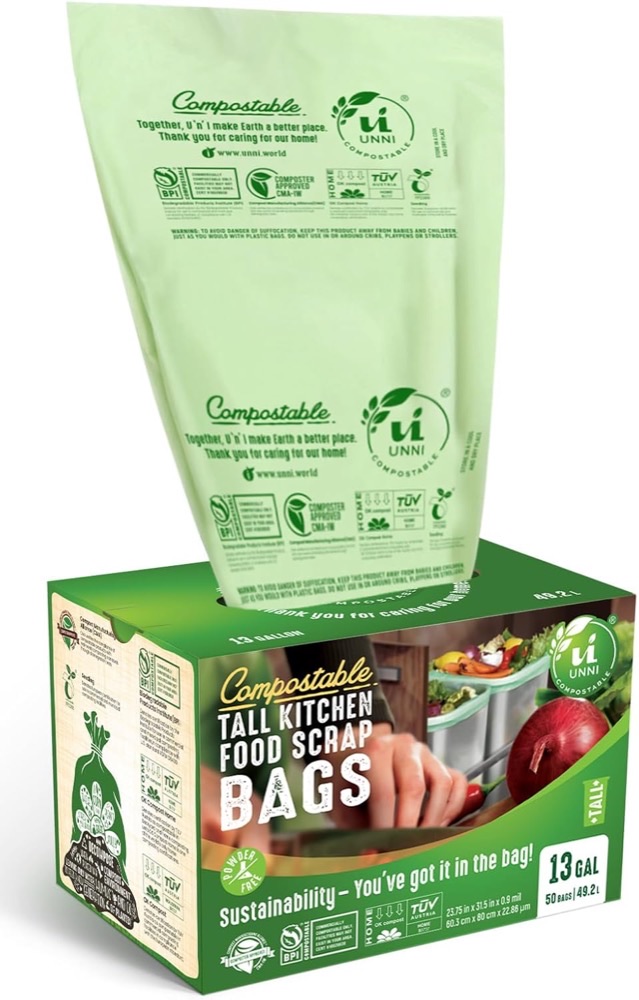 UNNI Compostable Trash Bags, 13 gallon, 50 count — BPI certified corn-starch based, star-sealed bottom