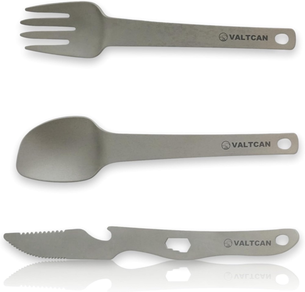 Valtcan titanium 3-piece utensil set — full-size fork, spoon, and serrated knife in bare matte titanium