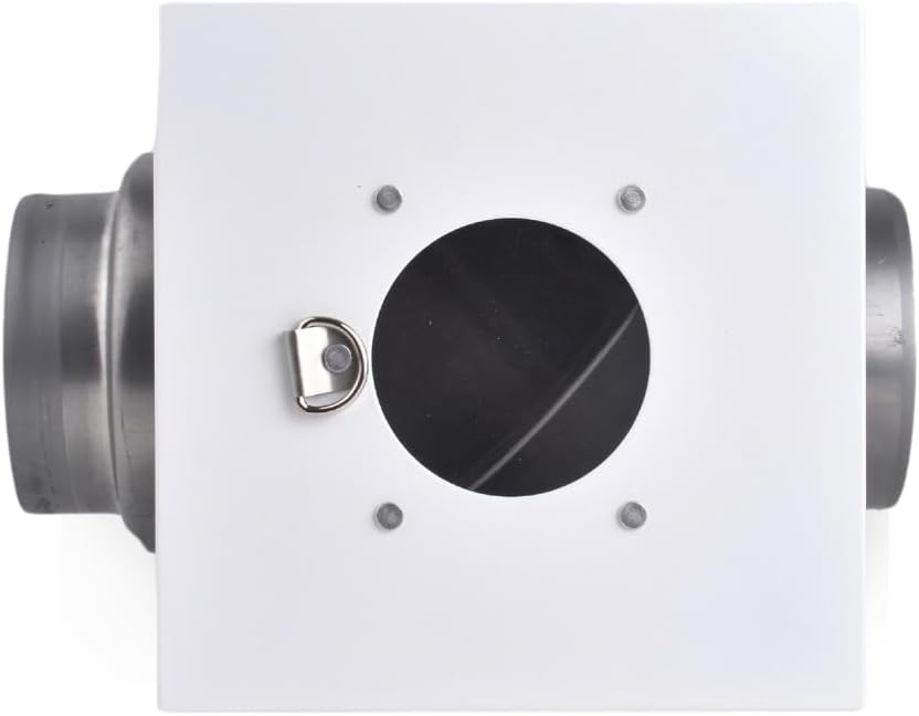 VENTS-US DLT-454 white galvanized steel dryer duct lint trap box with a round access door and 4-inch metal duct collars on each side