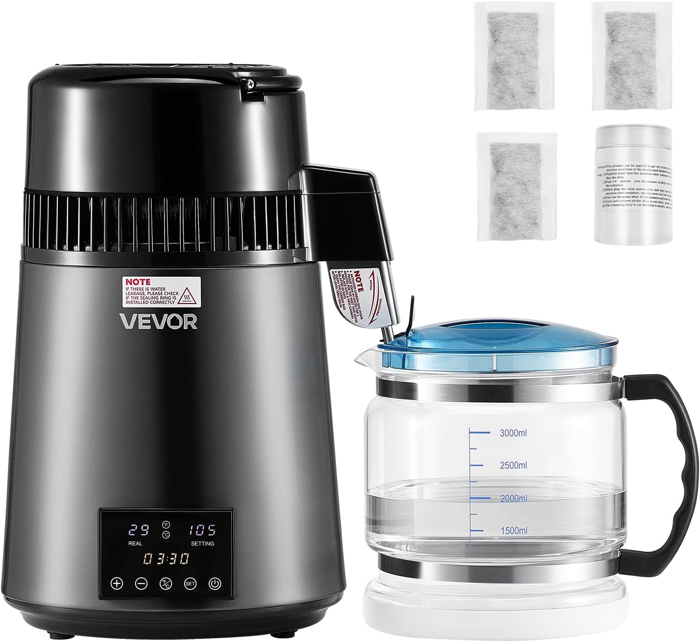 VEVOR 4L countertop water distiller with 304 stainless-steel interior and BPA-free polymer or optional glass collection jug