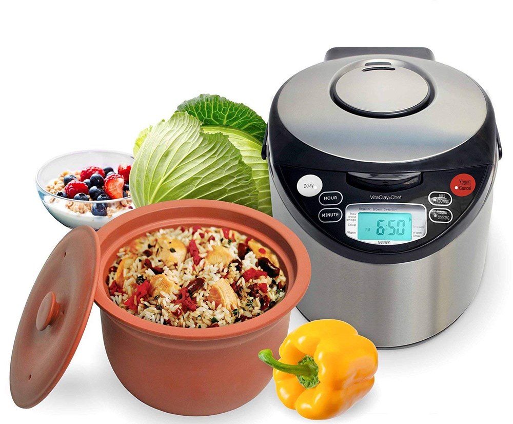 VitaClay clay pot multi-cooker with its unglazed Zisha clay crock of rice