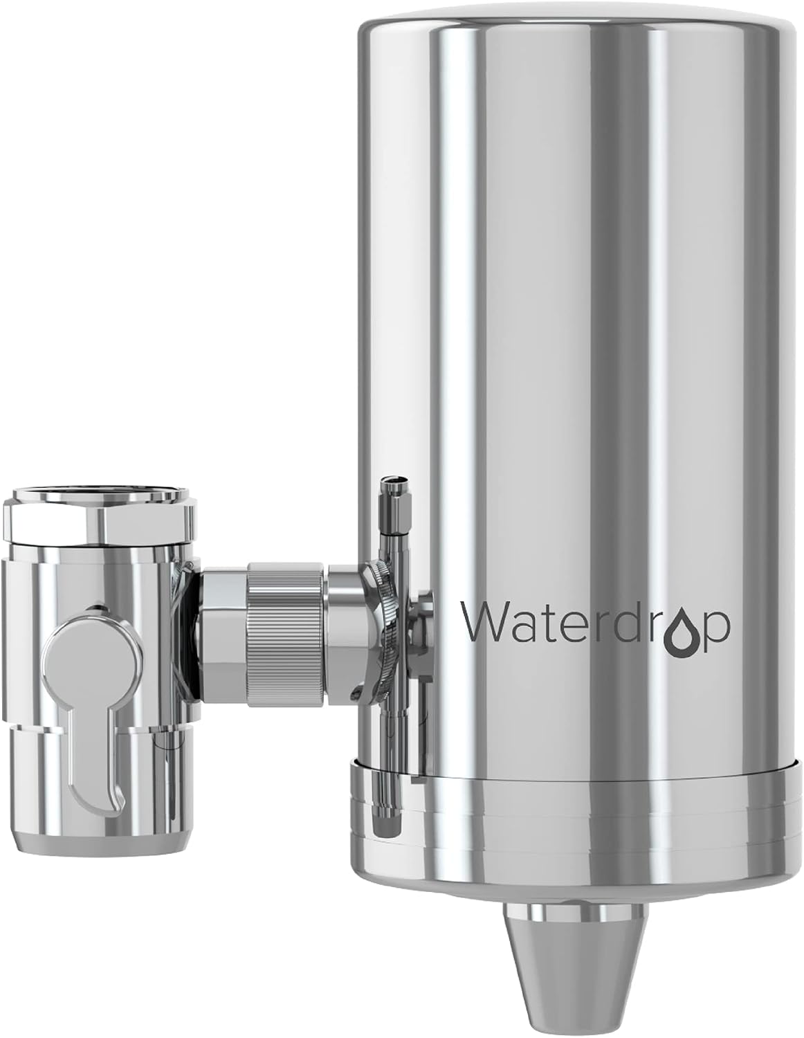 Waterdrop WD-FC-06 stainless steel faucet water filter with 360 degree rotating body mounted on a kitchen faucet