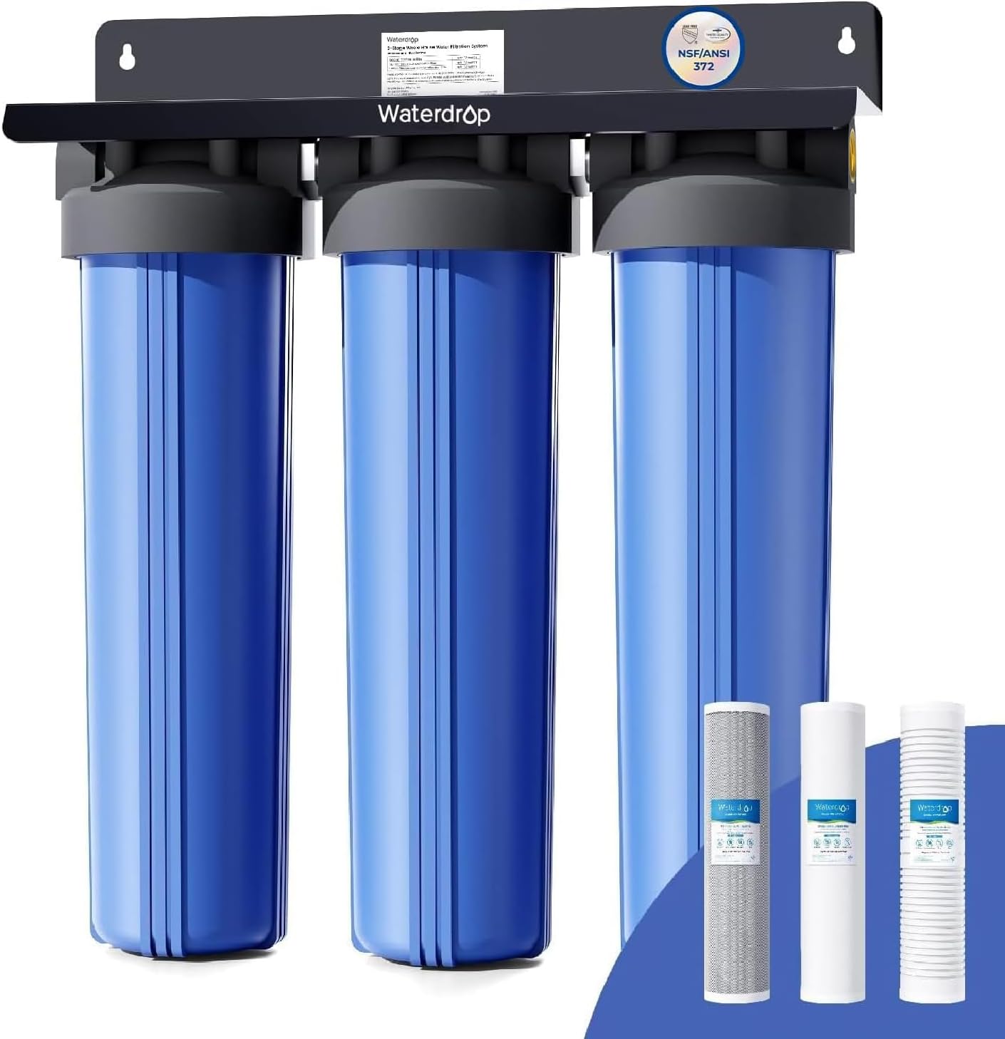 Waterdrop WHF3T-PG 3-stage compact whole house water filter — three shorter cartridge housings on a metal bracket with pressure gauge, designed for tight utility spaces