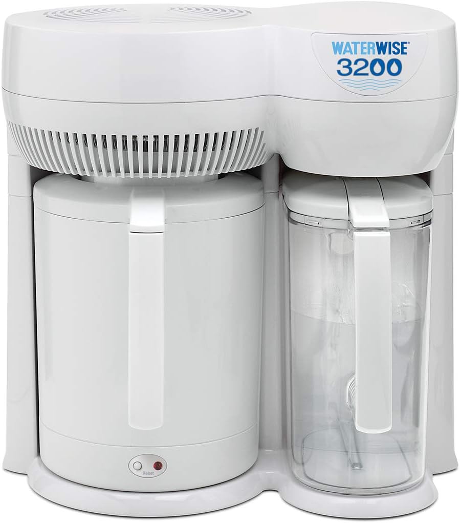 Waterwise 3200 compact countertop water distiller with Tritan carafe collector and coconut-shell carbon post-filter