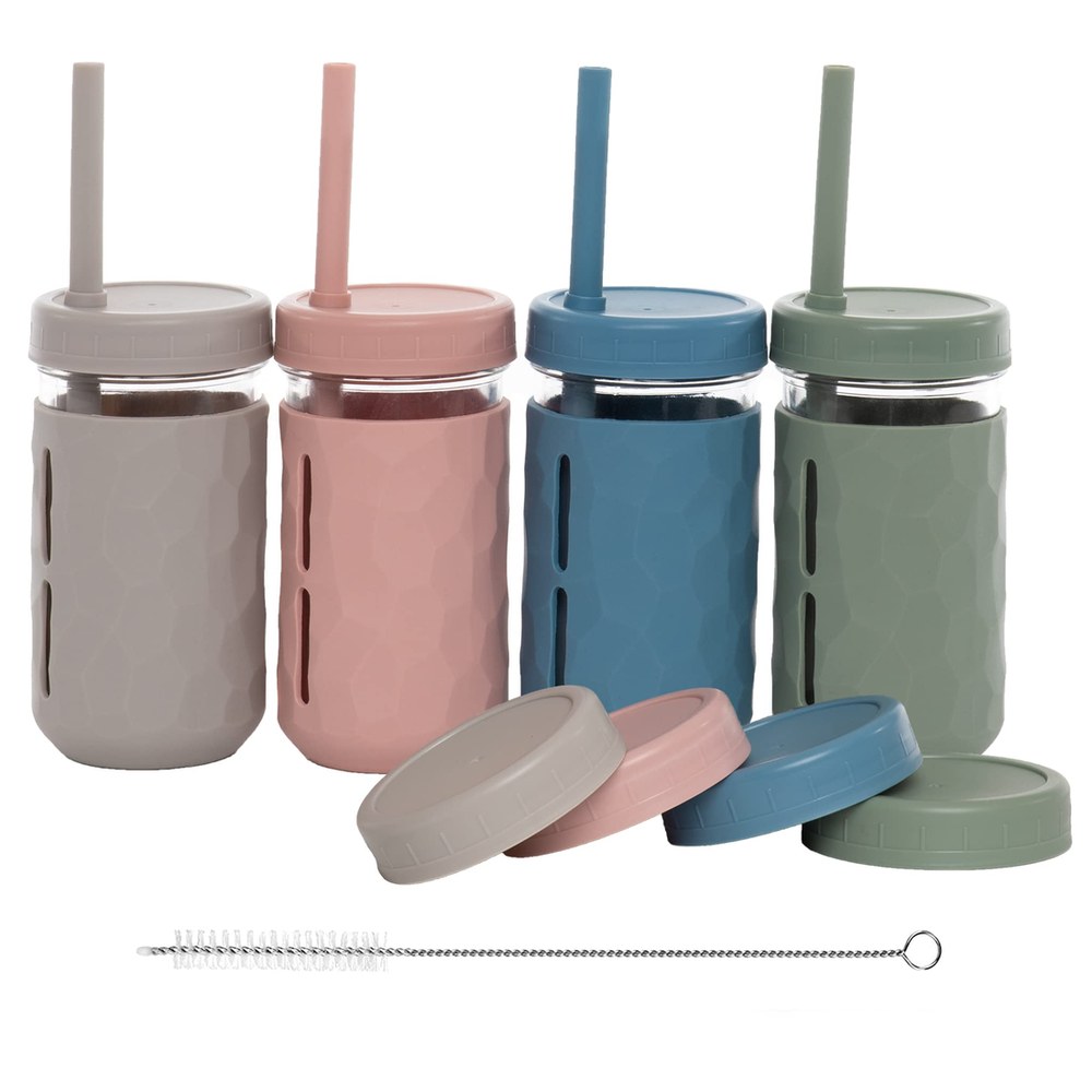 WeeSprout glass kids cups in gray, dusty pink, blue and sage with protective silicone sleeves and silicone straw lids