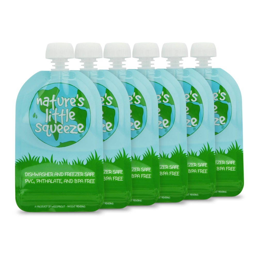 WeeSprout reusable squeeze food pouches — blue and green refillable silicone pouches with screw caps, a plastic-free replacement for disposable squeeze pouches