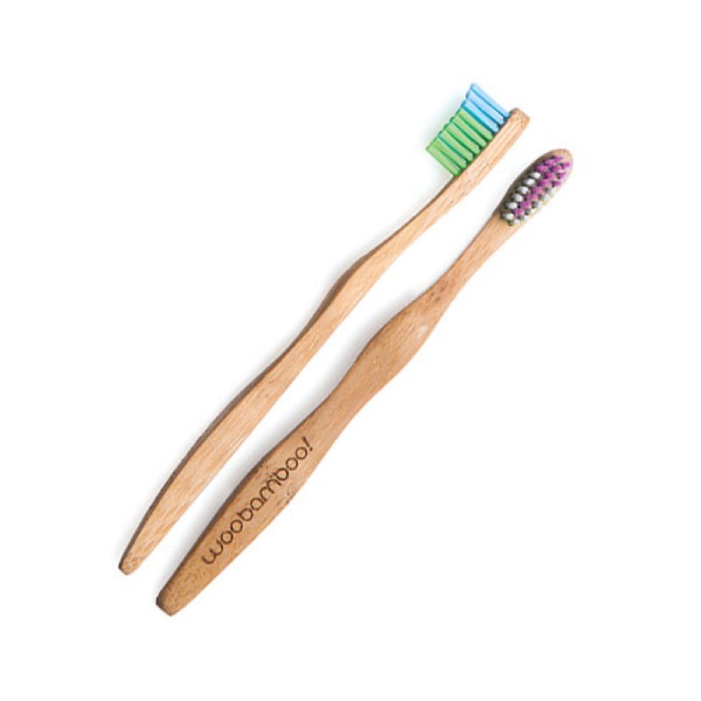 WooBamboo kids bamboo toothbrush with child-sized bamboo handle and colorful blue, green and purple soft bristles