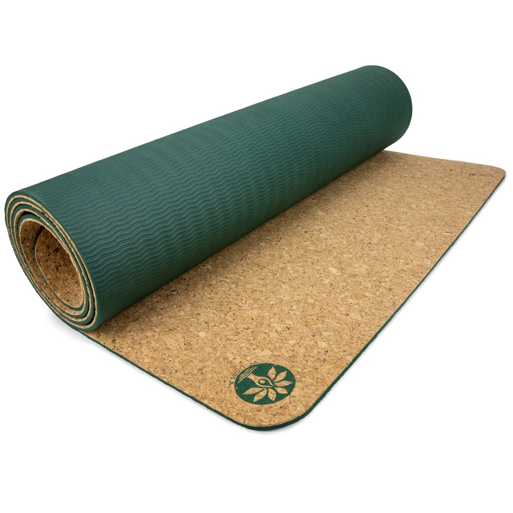 Yoloha Original cork yoga mat partially rolled, showing the natural cork top surface and plant-foam base — PVC-free and latex-free