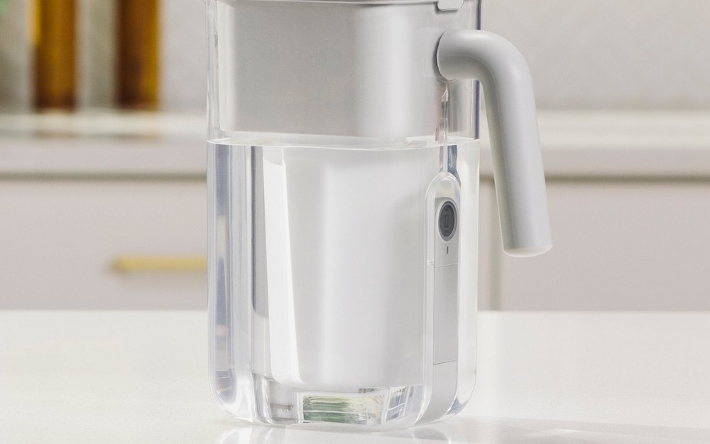 ZeroWater 10-cup 5-stage water filter pitcher with built-in TDS meter on a kitchen counter