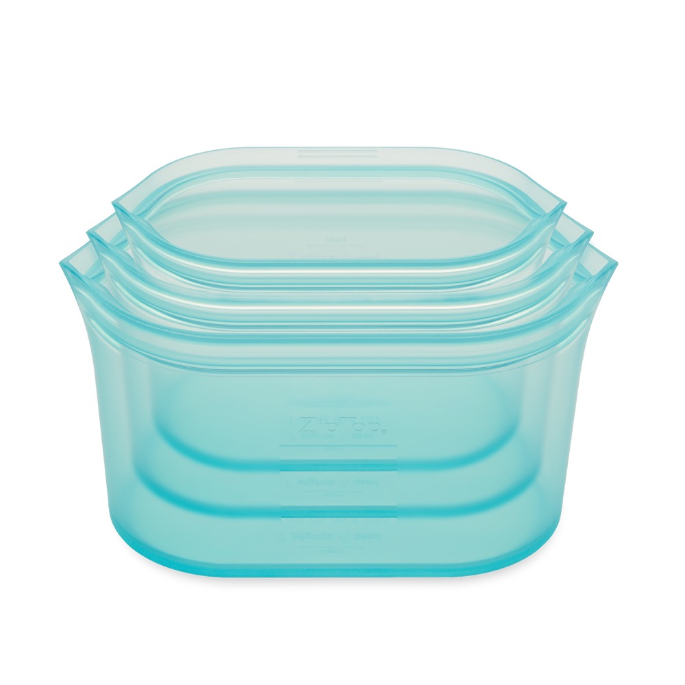 Zip Top platinum silicone dish containers in teal, nested in three sizes, standing upright
