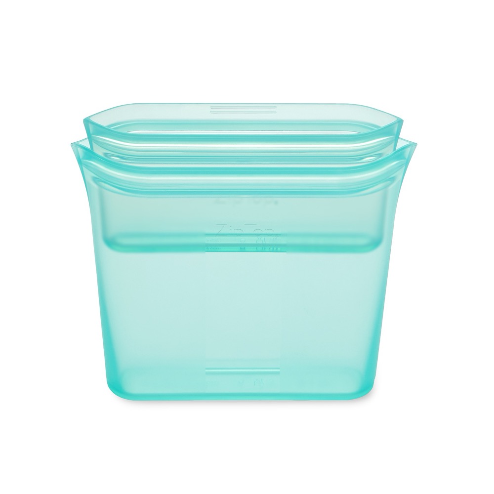 Zip Top reusable silicone bags in teal that stand upright — true silicone zipper closure, 100% platinum silicone, no plastic slider