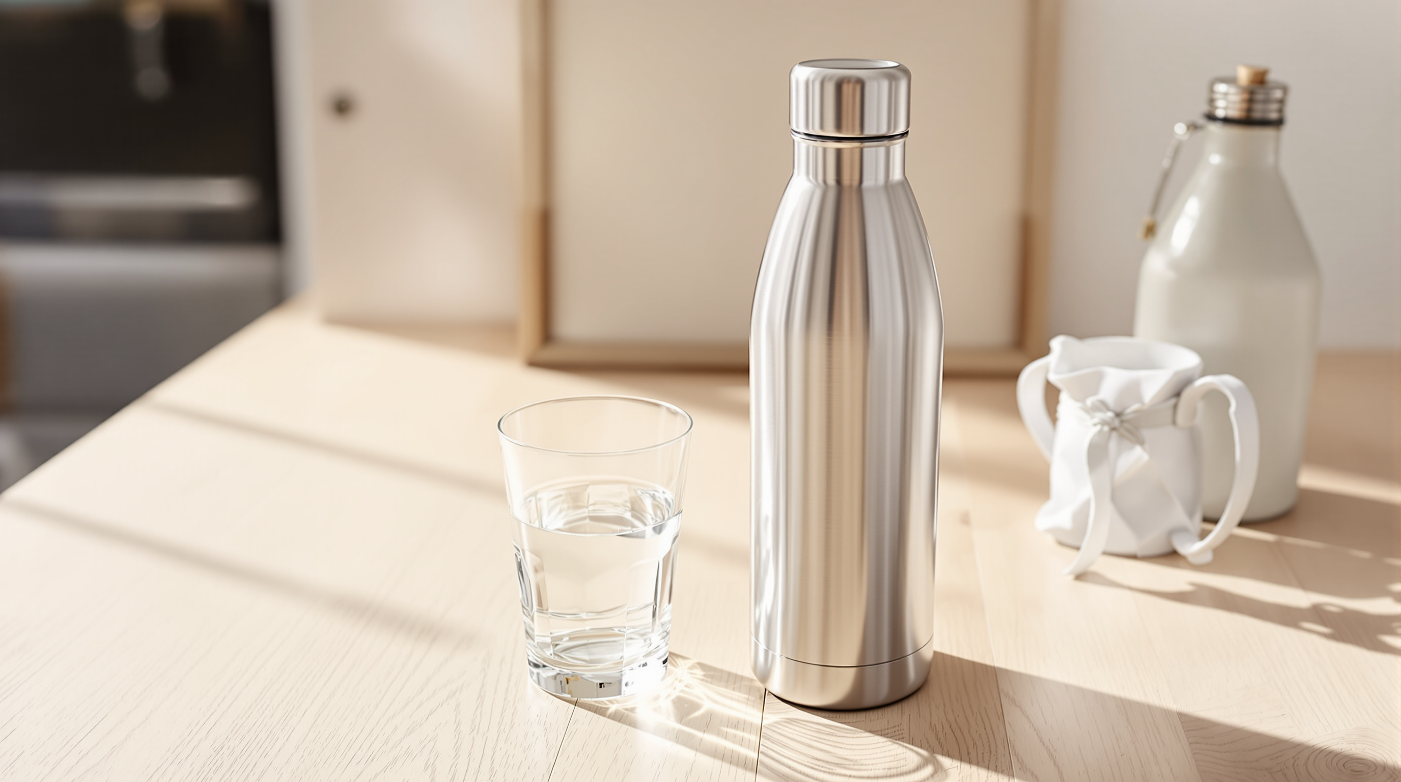 Four stainless steel water bottles from Owala, Stanley, Hydro Flask and Klean Kanteen lined up on a wooden surface