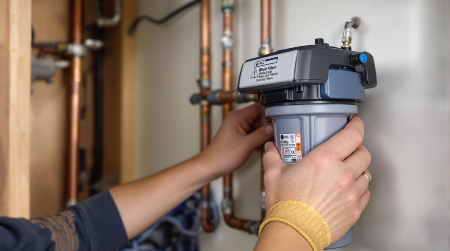 A plumber installing a whole-house water filtration system in a utility room with filter canisters mounted on a wall
