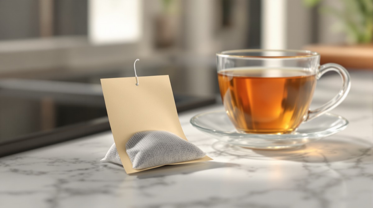Loose-leaf tea steeping in a stainless steel infuser beside unbleached paper tea bags on a wooden surface