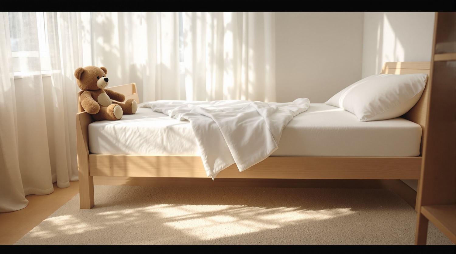 A child's low wooden bed in soft morning light with the sheet and blanket pulled back to expose the bare quilted mattress surface, a stuffed bear propped at the headboard